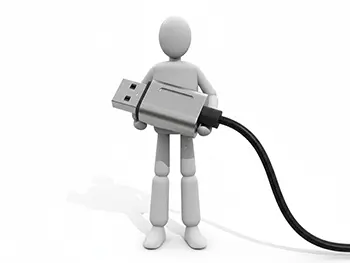 大きなUSBケーブルのコネクタを持っている人物のイラスト