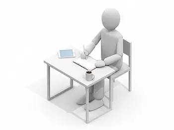 デスクに座ってノートに書き込みをしている人物のイラスト（タブレットとコーヒーあり）