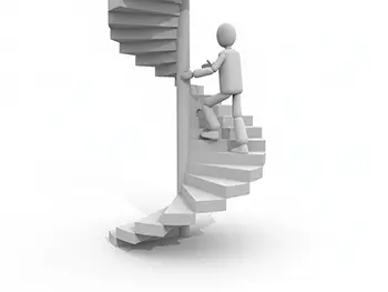 螺旋階段を一歩一歩登っている人物のイラスト