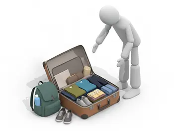 開いたスーツケースの中に衣類を詰めて荷造りしている人物のイラスト