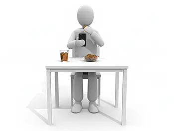 食事（クッキーと飲み物）中にスマートフォンを操作している人物のイラスト