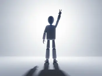 スポットライトを浴びながら片手でピースサイン（Vサイン）をしている人物のイラスト