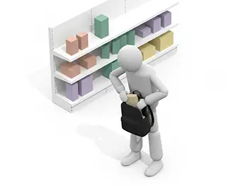 陳列棚の前で、商品と思われるものをバッグに入れている（万引き）人物のイラスト
