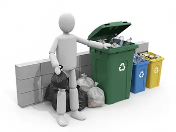 ゴミ袋を持ち、分別用のゴミ箱に廃棄物を入れている人物のイラスト