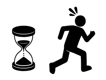 砂時計と、時間に追われて焦って走っている人物のピクトグラム