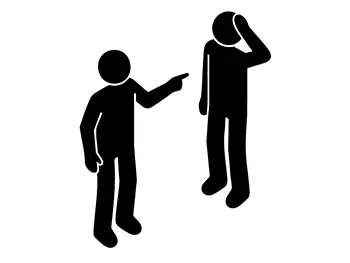 指をさして叱責している人と、頭を抱えて落ち込んでいる人のピクトグラム