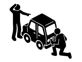 車の故障を修理している整備士と、困惑して指さしているドライバーのピクトグラム