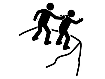 崖の縁から落ちそうになっている人を、別の人が引き上げて救助しているピクトグラム