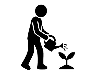 ジョウロを使って地面の小さな芽に水やりをしている人物のピクトグラム
