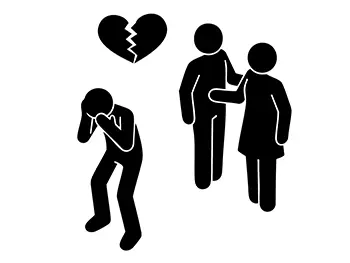 壊れたハートマークと共に、頭を抱えて泣く人を二人が肩に手を置いて慰めているピクトグラム