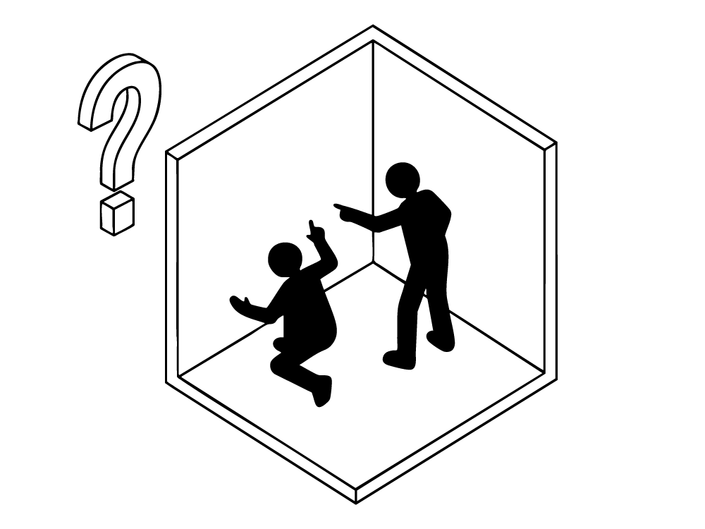 密室(立方体)の中で、座り込んでいる人に別の人が指をさして威圧・尋問しているピクトグラム