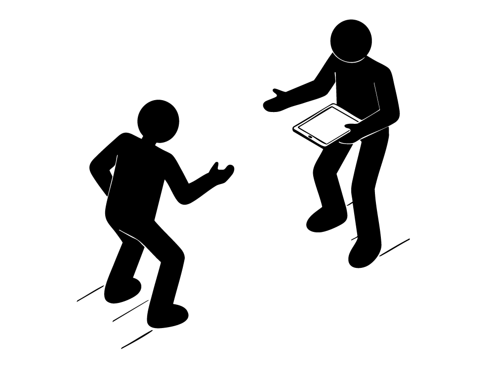 タブレット(デバイス)を持って情報を受け渡そうとしている二人のピクトグラム