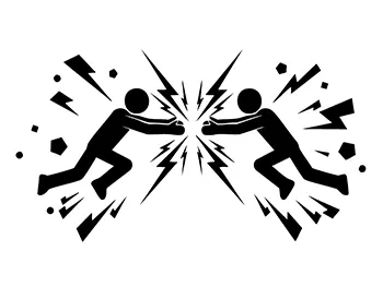 互いに向かって飛びかかり、中央で稲妻を伴って激しく衝突している二人のピクトグラム