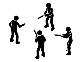 複数の人物が刃物のようなものを持って一人の人物を威嚇・攻撃している集団暴行のピクトグラム