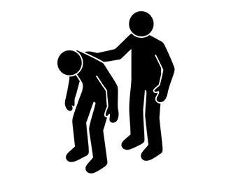深く落ち込みうなだれている人の肩に、もう一人が手を置いて励ましているピクトグラム