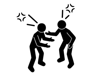 互いに身を乗り出し、火花が散るほど激しく議論・口論している二人のピクトグラム