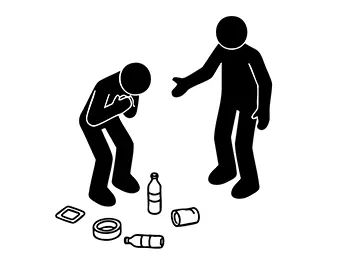 地面に散らばるゴミを見て胸を抑えている人に、もう一人が手を差し伸べているピクトグラム