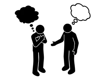 互いに向かい合い、異なる考え（黒と白の吹き出し）を交換し、対話している二人のピクトグラム