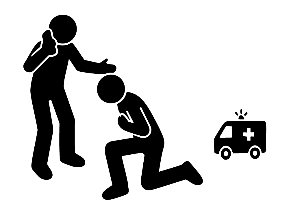 苦しんでいる人に寄り添い、携帯電話で救急車を呼んでいる人物のピクトグラム