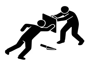 倒れた人を盾のようなもので覆い、刃物による暴力から防衛しているピクトグラム