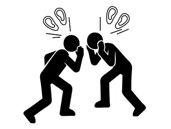 一人がもう一人の耳元に口を寄せ、悪口や秘密を耳打ちしているピクトグラム