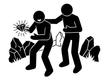 岩場で輝くダイヤ（宝物）を発見し、喜びの表情で掲げている人物のピクトグラム