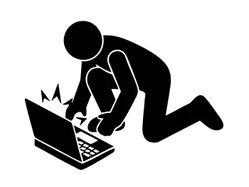怒ってノートパソコン(PC)を叩きつけ、破壊している人物のピクトグラム