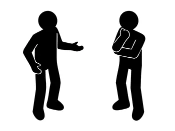 一人が話しかけ、もう一人が腕を組んで顎に手を当てて考え込んでいるピクトグラム