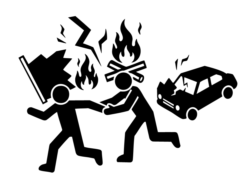 燃える炎、雷、破壊された車と共に、旗を引き裂いている暴動・破壊行為のピクトグラム