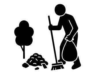 ほうきで地面のゴミを掃き集め、ゴミ袋を持っている清掃活動をする人のピクトグラム（木のそば）