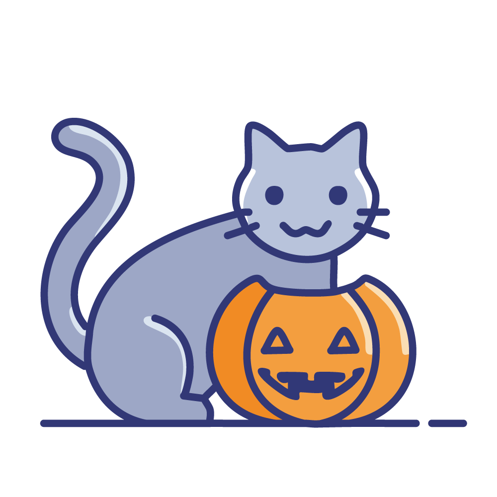 黒猫(灰色の猫)とジャック・オ・ランタンのハロウィン無料イラスト