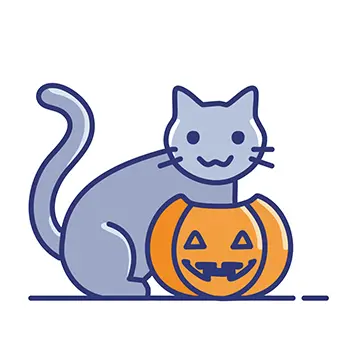 黒猫（灰色の猫）とジャック・オ・ランタンのハロウィン無料イラスト