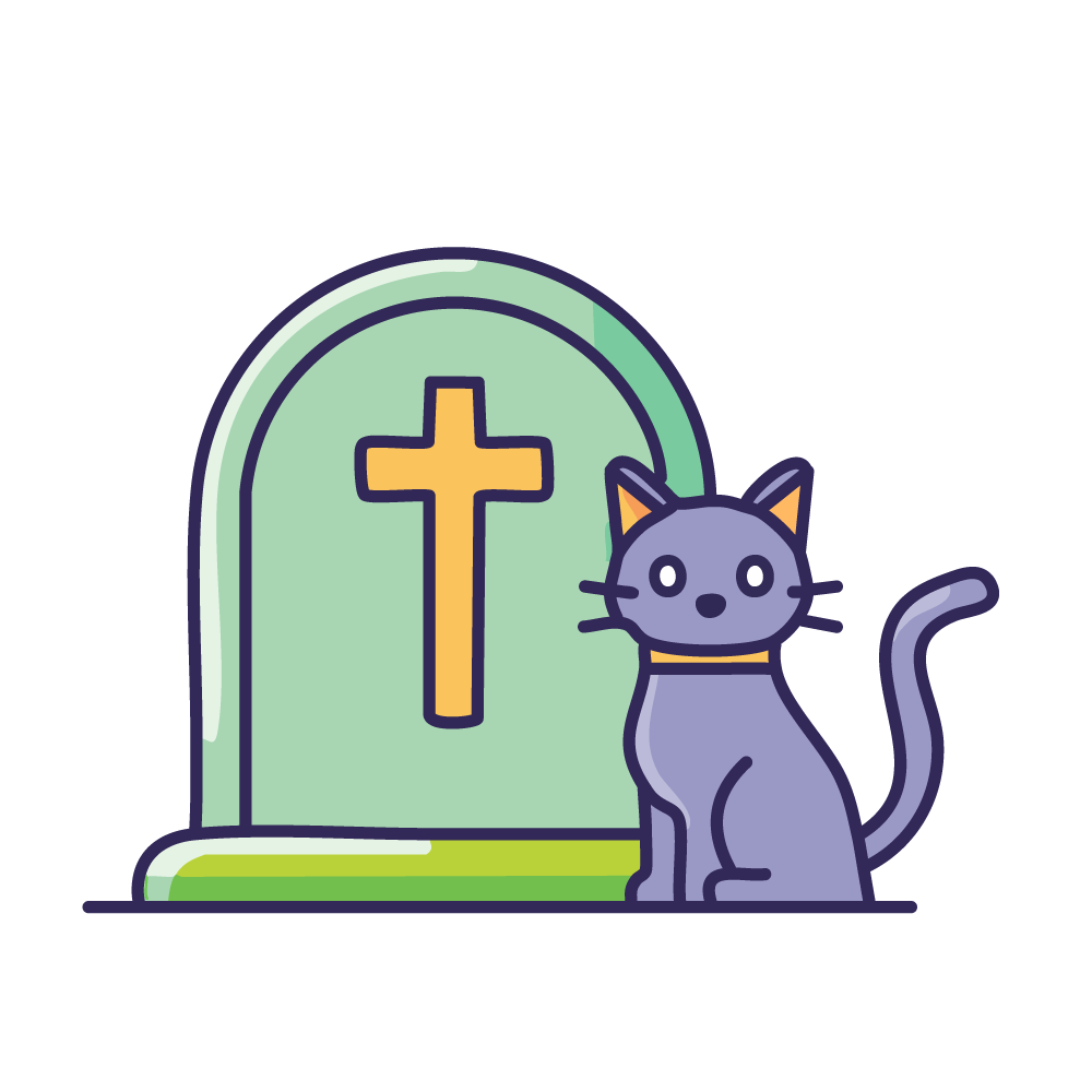 墓石の横に座る猫のハロウィン無料イラスト