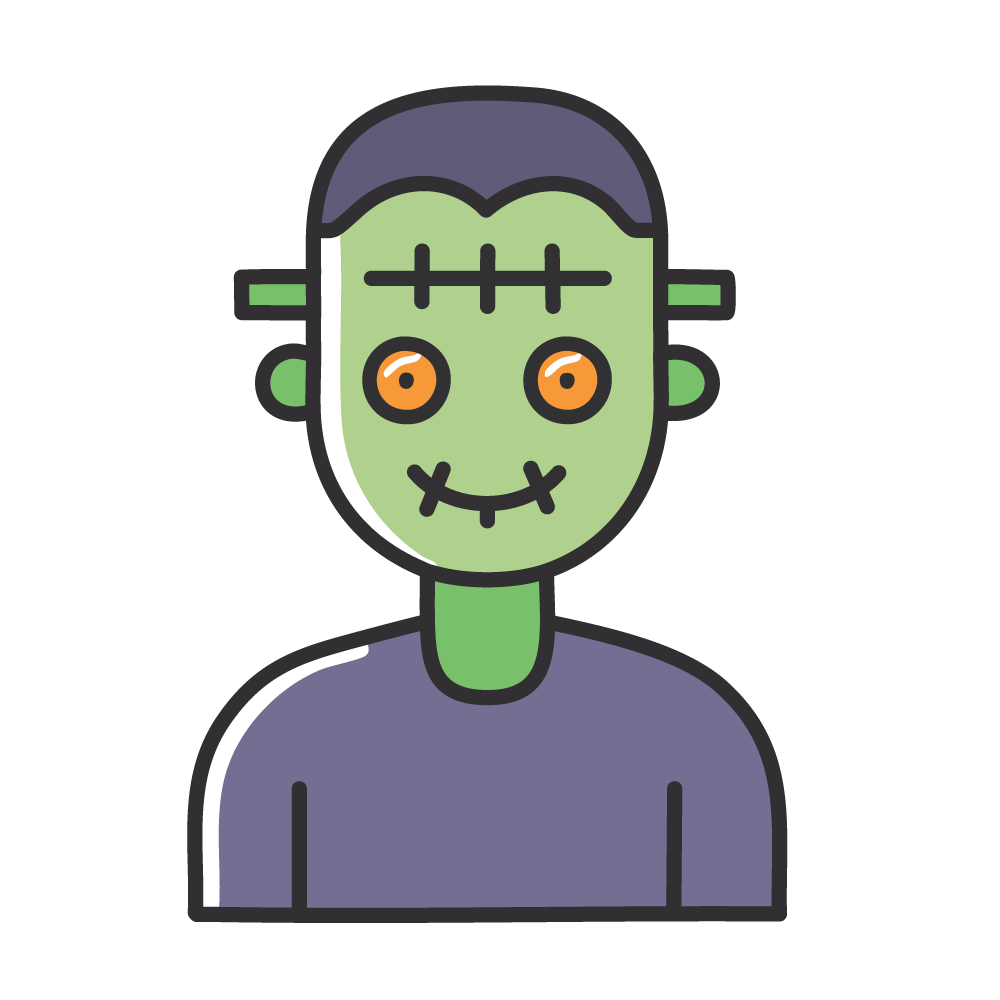 フランケンシュタインの緑の顔とボルトのハロウィンアイコンイラスト