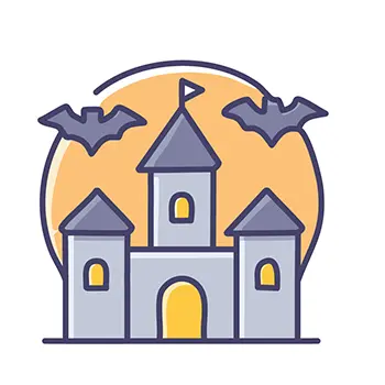 満月と古いお化け屋敷（城）と飛ぶコウモリのハロウィン無料イラスト