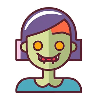 キバを見せて笑う女ゾンビ（緑の顔）のハロウィンアイコンイラスト