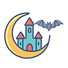 三日月と城とコウモリのハロウィン無料アイコンイラスト