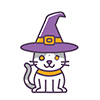 紫色の魔女の帽子をかぶった可愛い猫のハロウィンアイコンイラスト