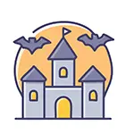 無料イラスト | コウモリが飛ぶお化け屋敷のハロウィンフリー素材