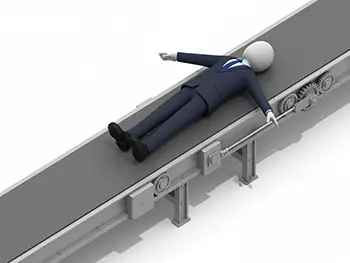 ベルトコンベアの上で仰向けになって運ばれているスーツ姿のビジネスマン