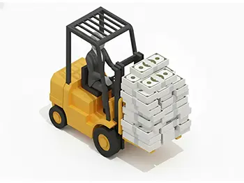 フォークリフトを運転して山積みの札束を運んでいるビジネスマン