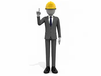 黄色いヘルメットをかぶり、人差し指を立ててポイントを指し示しているスーツ姿の男性