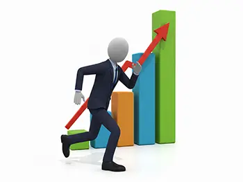 右肩上がりの棒グラフの横を、上昇する矢印と共に走り抜けるスーツ姿のビジネスマン