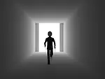 暗い通路の先の光へ走る人物のイラスト | 希望・フリー素材