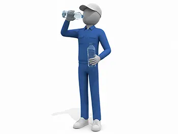 ペットボトルの水を飲んで水分補給をしている作業服の男性の無料イラスト