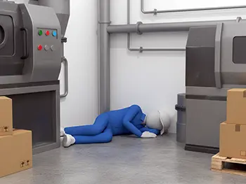工場の機械のそばでうずくまって倒れている作業員のイラスト