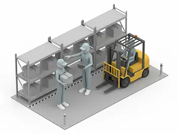 倉庫内でフォークリフトと作業員たちが連携して在庫管理をしている様子のフリーイラスト