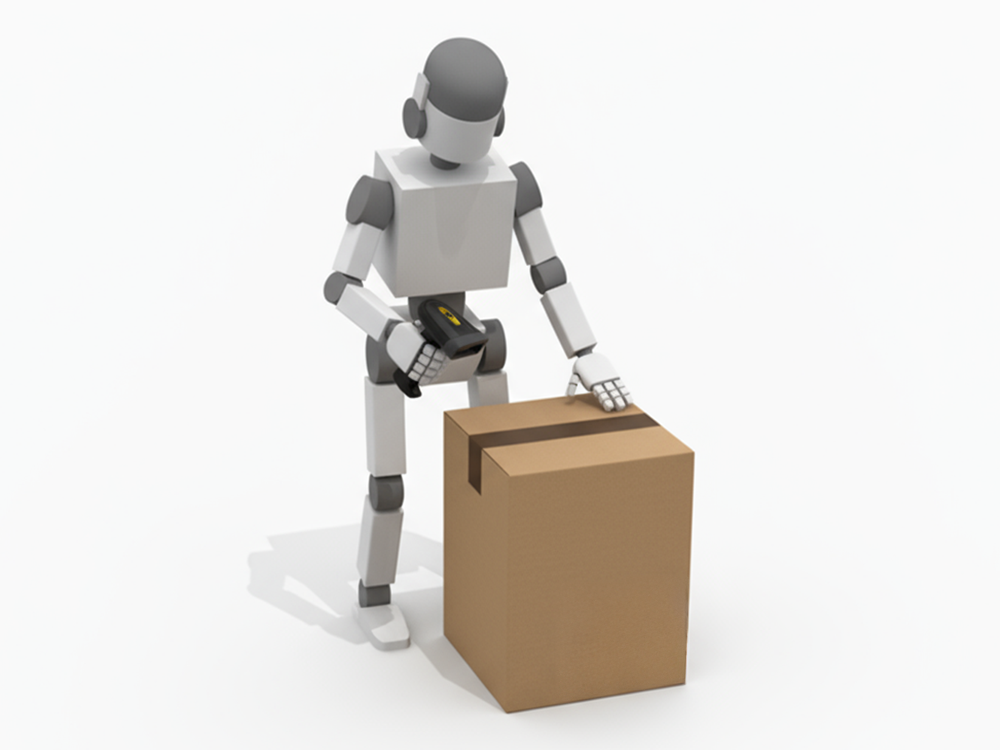 ハンディスキャナーで段ボールのバーコードを読み取っている産業用ロボットのフリーイラスト