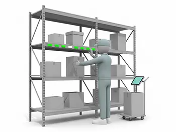 スマートシェルフの光るランプの指示に従って商品をピッキングしている倉庫作業員のフリーイラスト