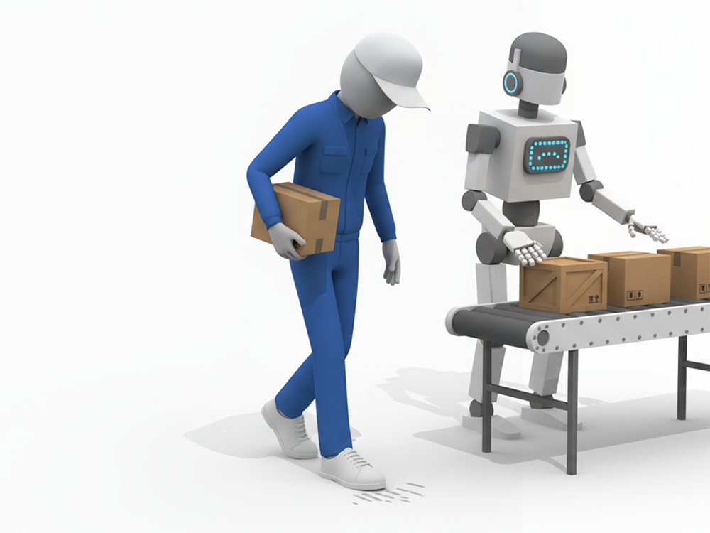 ベルトコンベアを挟んで、人間の作業員と協働ロボットが一緒に荷物を仕分けしているフリーイラスト